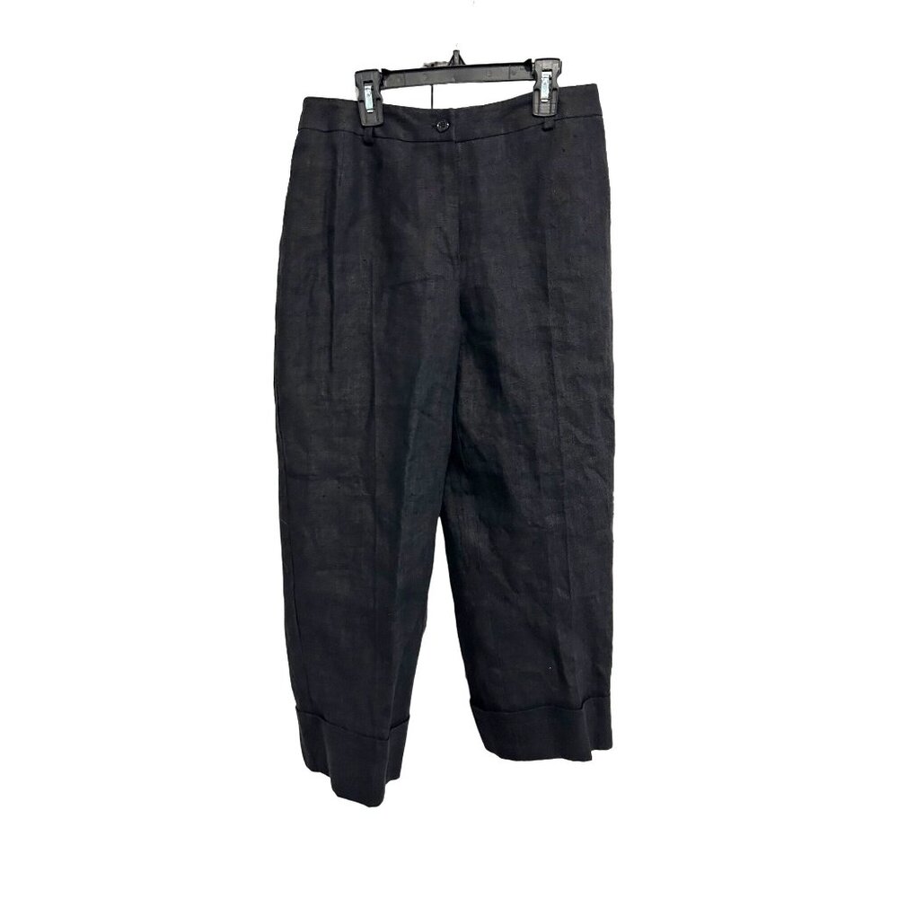 Harvé Benard Womens Linen Pants Size 8 Black High Waisted Cuffed Hem Pleated
